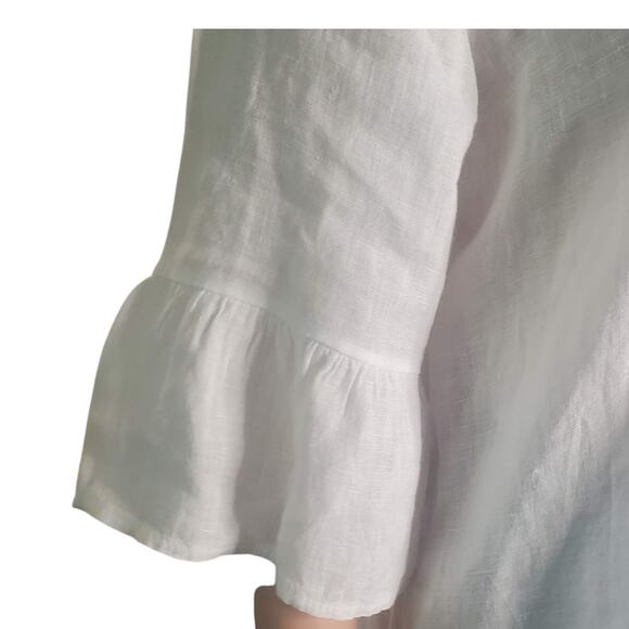 Terzo Millennio Size M White Linen Faux Back Buttons Ruffle Bell 3/4 Sleeve Top - Picture 3 of 10